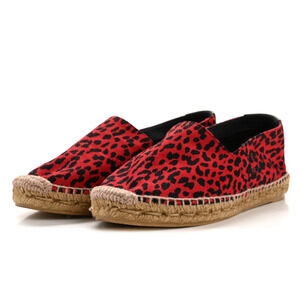 Saint Laurent Canvas Leopard Slip On Espadrilles Flat Red Black Women's EU 37